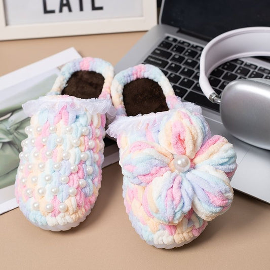 Hand-crocheted puff flower slippers crystal sole slippers anti-slip ice strip wool pearl crystal sole material bag