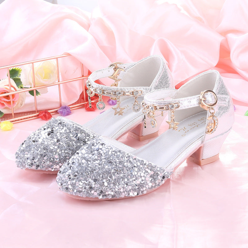 Girls high heels little princess stage show catwalk piano silver with evening dress flower girl crystal girl