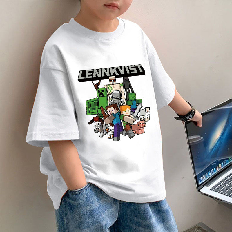 Cotton new boys short sleeve T-shirt summer minecraft print children's loose tide big kids loose top