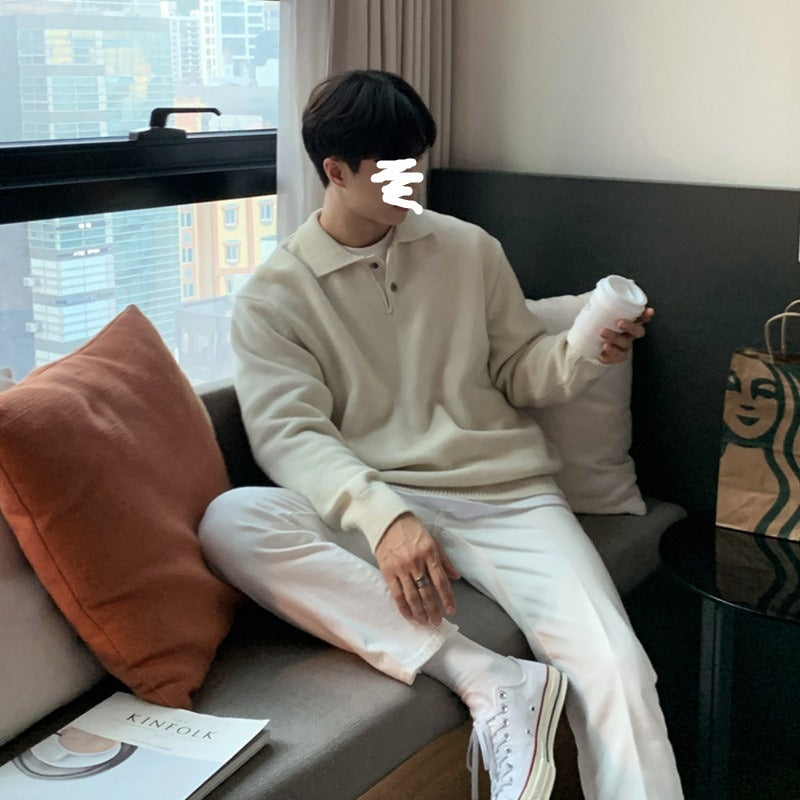 New sweater men's trend DongdaemunKorean men's lapel designer polo collar skin-friendly loose knit