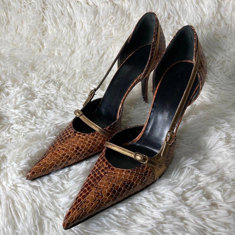 Niche design pointed-toe stiletto snakeskin print heels women's 2024 new vintage babes with belt buckle hollow sandals