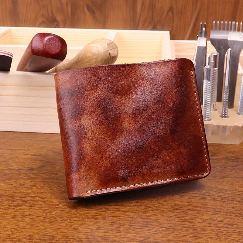 New Japanese vegetable tanned leather wallet men's retro hand-rubbed color old big banknote cowhide wallet simple student wallet