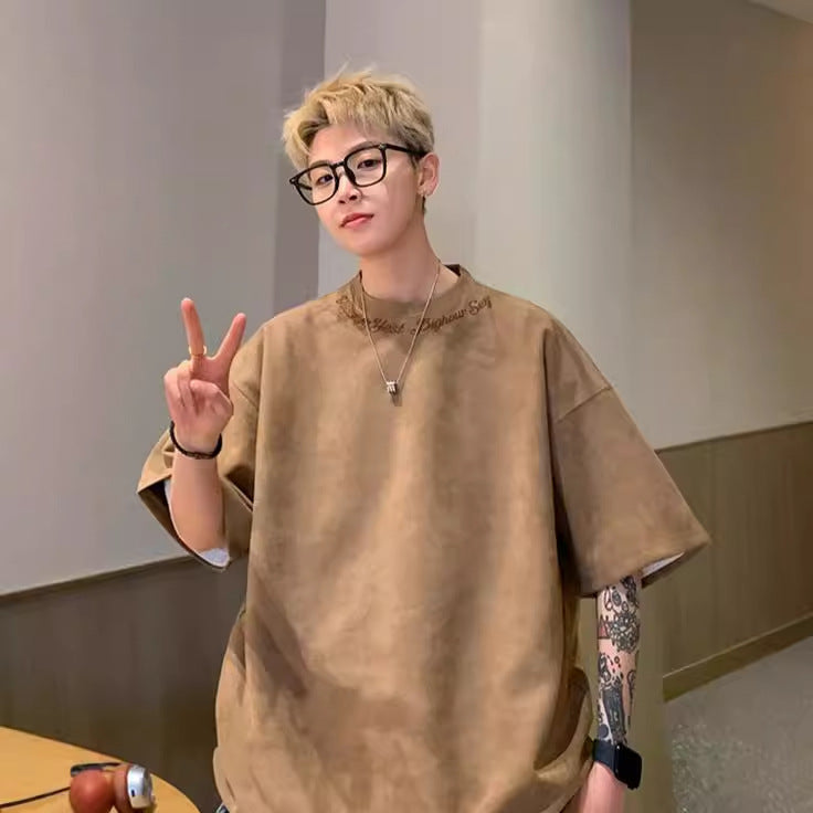 Maillard Suede Short Sleeve T-Shirt Men's Summer 2024 New Trendy Brand Embroidered Handsome Underwear Half-Sleeved Base Shirt
