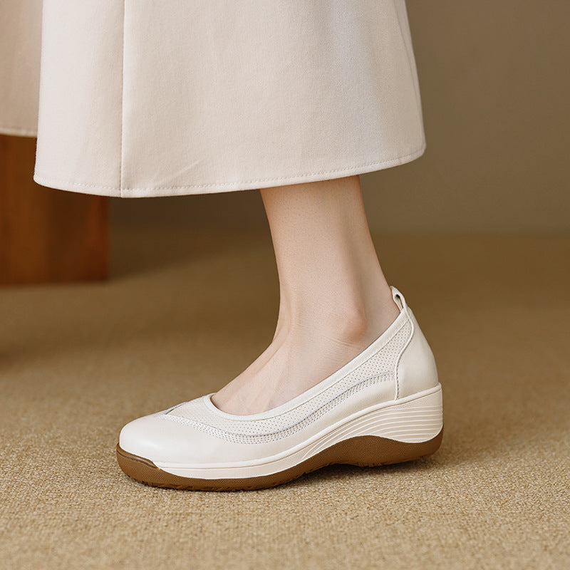 Retro light luxury platform lazy muffin shoes Jurchen soft leather round toe slippers 2025 autumn casual high-heeled leather shoes