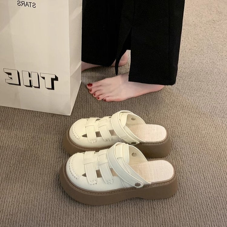 Thick-soled sandals women's summer wear 2025 new high-end French beauty roman with skirt heightened toe slippers