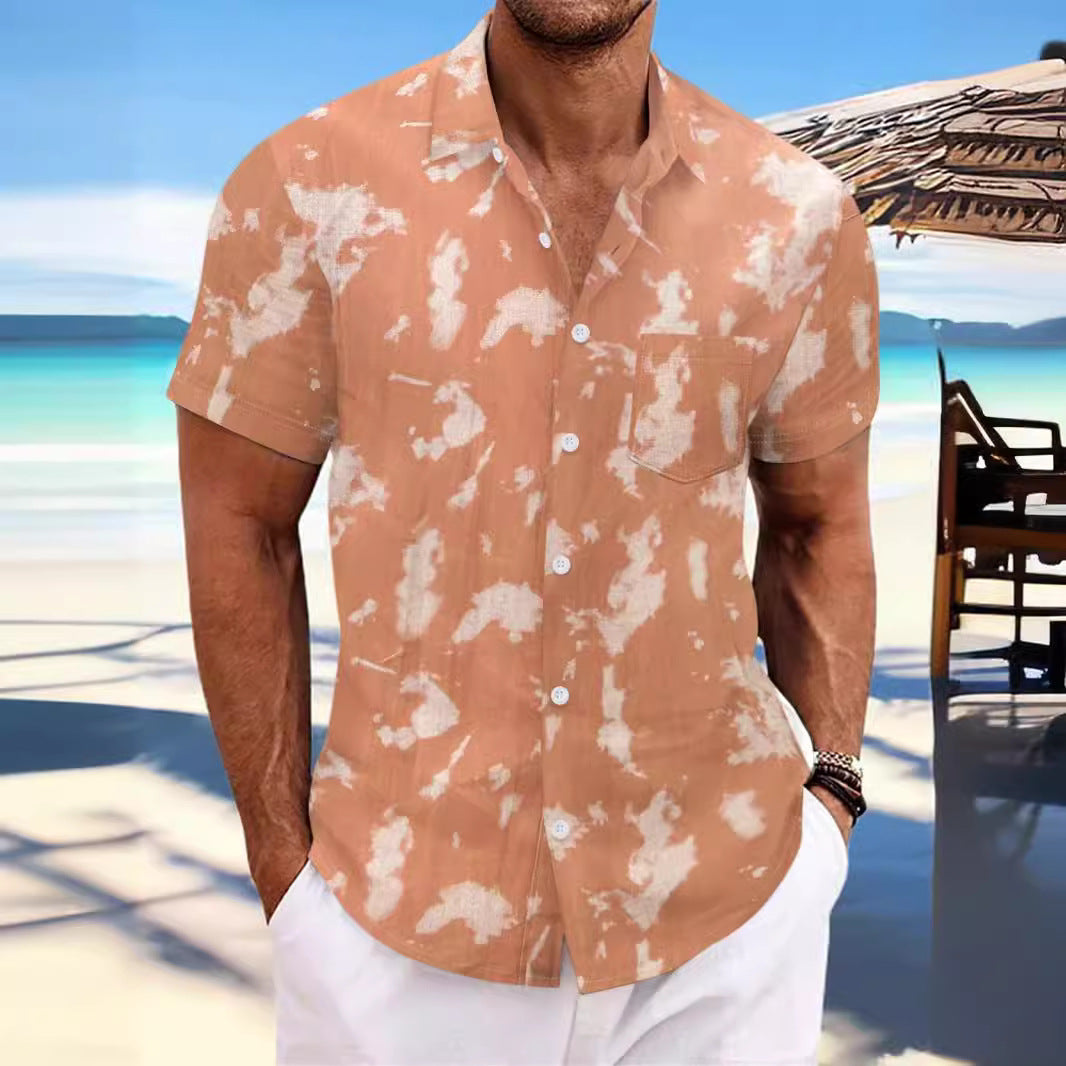 Cross Border Summer 2024 New Tie-Dye Lapel Short Sleeve Men's Beach Casual Athletic Shirt