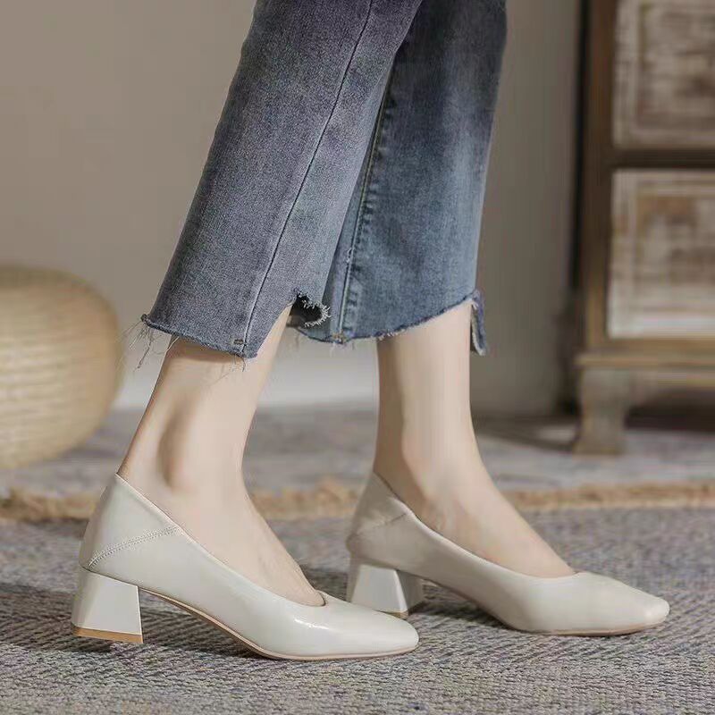 Giant soft! Soft leather French medium heel, shallow square toe, thick heel nude shoes, cheongsam single shoes, work leather shoes, commuter women's shoes