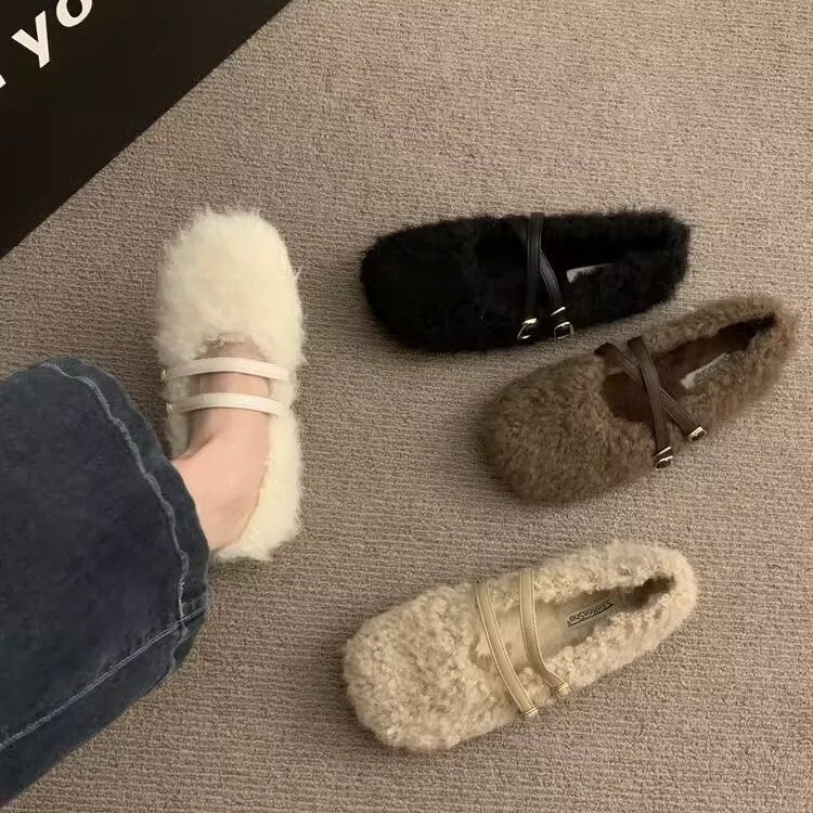 French evening breeze cross-buckle Mary Jane cotton shoes women's 2024 fall/winter new comfortable and versatile fur shoes