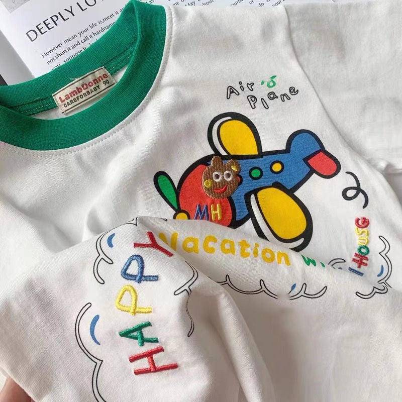 Japanese children's clothing spring and summer new boys short sleeve tops children's baby summer cartoon small airplane half-sleeved t-shirt tide