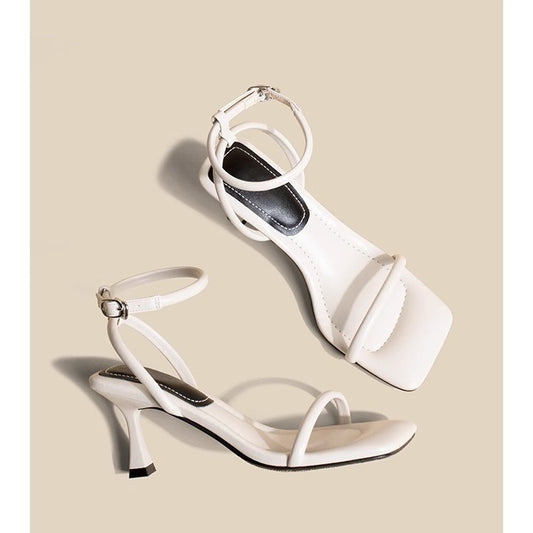 2024 New White French High Heels, Stiletto Heels, Square Toe, Open Toe, Slotted Sandals, Women's Summer