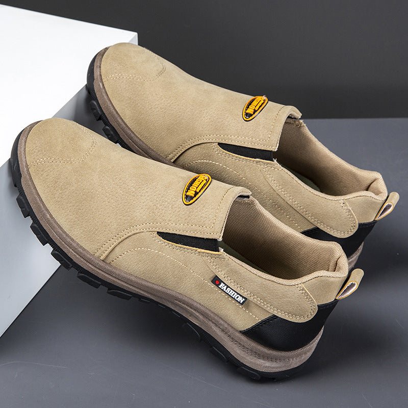 Outdoor hiking shoes, leather top, casual soft soles, one-foot pedals, dad shoes, trendy men's single shoes, low-top, versatile, cross-border plus size
