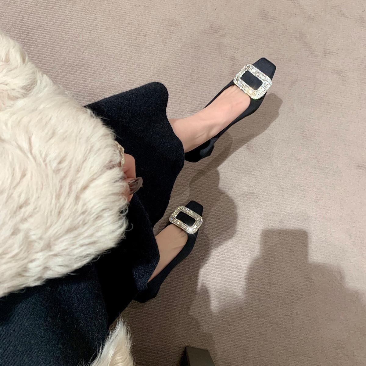 Grape Mom Studiolee evening evening style temperament rhinestone square buckle square toe shallow heel silk commuter single shoes women