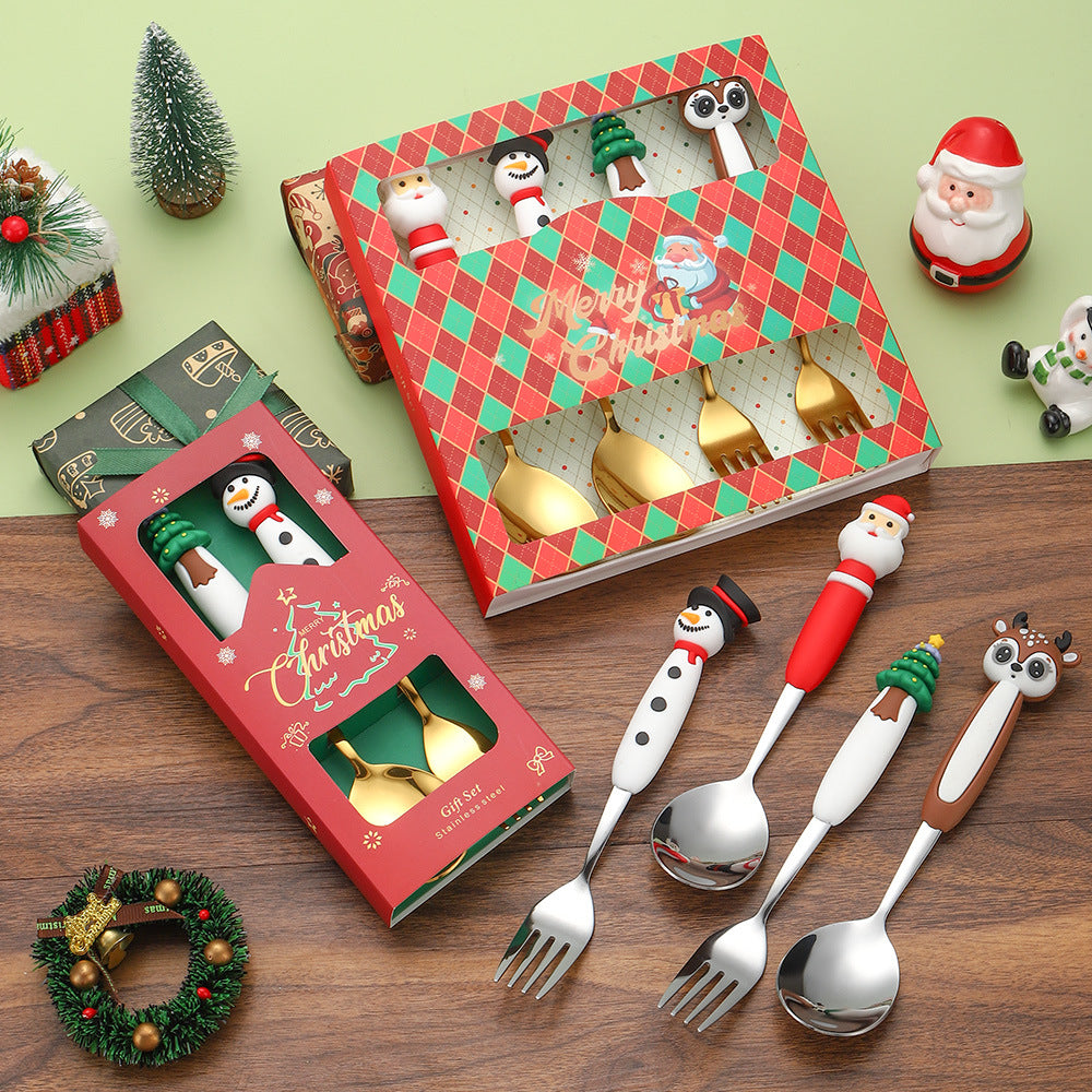 Amazon New Christmas Stainless Steel Spoon Fork Cartoon Doll Dessert Spoon Fork Christmas Tableware Gift Box Set