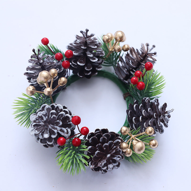 Cross border simulation pine cone red fruit candle wreath desktop home decoration Christmas table setting candle holder small garland