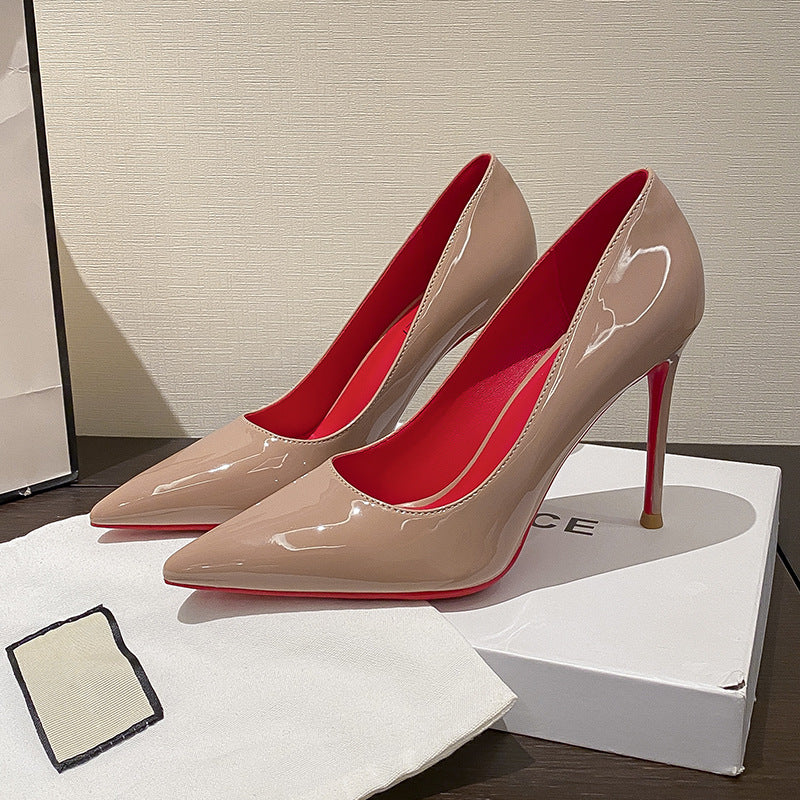 Red bottom high heels women's stiletto sexy black bed pointed toe high-heeled patent leather size French single shoes women