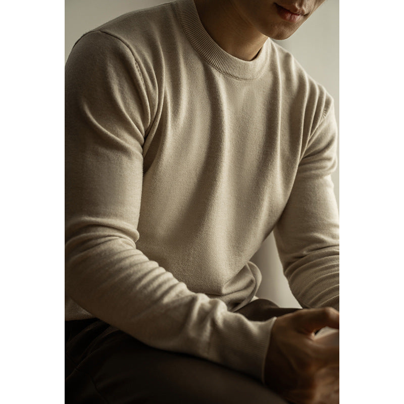 Machine washable Tencel wool solid color knitted sweater autumn and winter new crew neck long-sleeved sweater men's warm inner base shirt