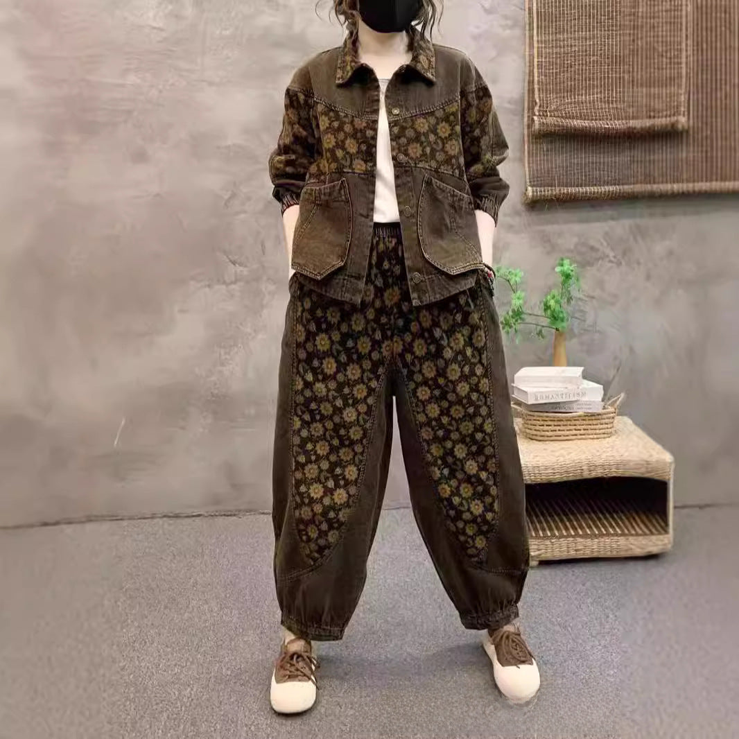 Fall 2024 vintage embroidered floral denim suit lapel cardigan with large pockets elasticated waist baggy jeans