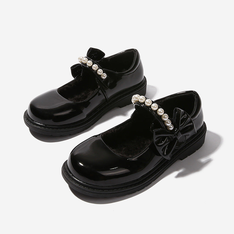Plush girls' black leather shoes, autumn and winter children's Mary Jane shoes, student performance shoes, school shoes, performance cotton shoes