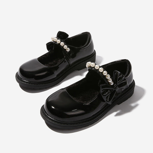 Plush girls' black leather shoes, autumn and winter children's Mary Jane shoes, student performance shoes, school shoes, performance cotton shoes