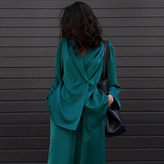 European and American ins style 2025 new fashion casual drape satin suit trousers two-piece set women's high-end wholesale