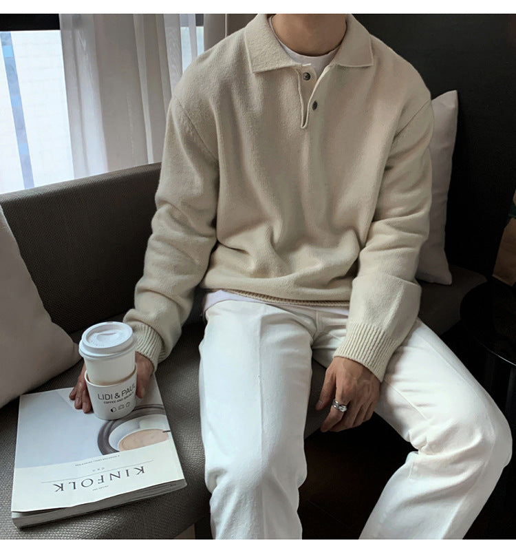 New sweater men's trend DongdaemunKorean men's lapel designer polo collar skin-friendly loose knit