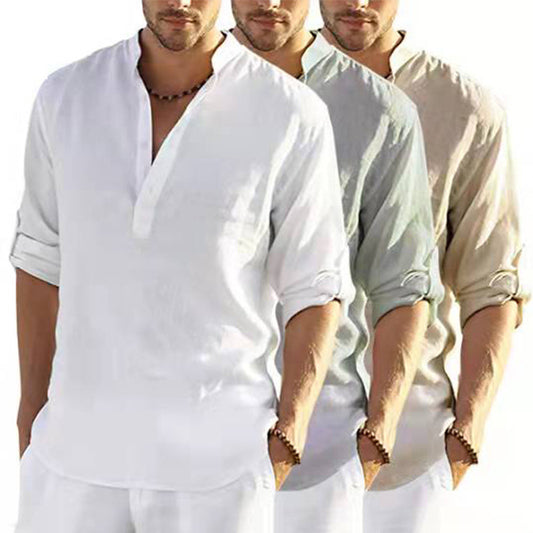Áo sơ mi dài tay linen long-sleeved loose undershirt solid color cotton and linen shirt
