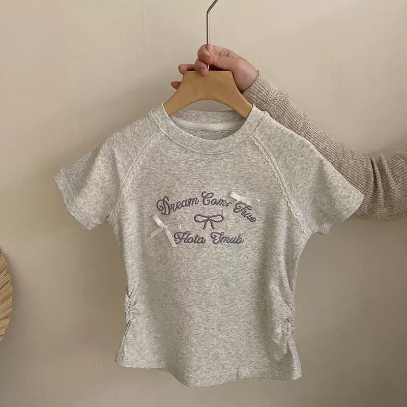 Girls short sleeve cotton t-shirt summer 2025 new children's bow letter medium and big children's fashion top