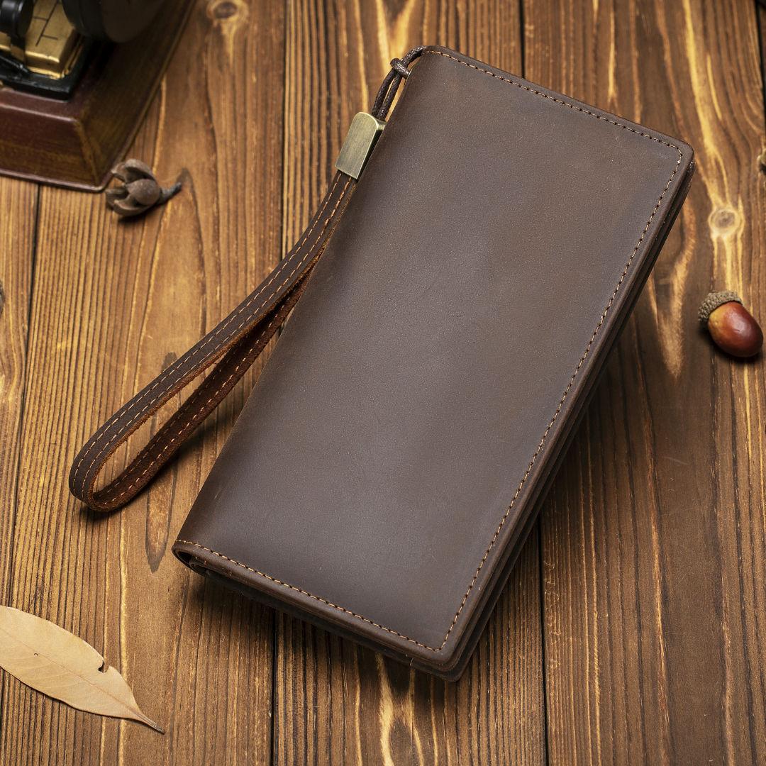 New men's clutch Crazy Horse leather long wallet tiktok zipper business clutch bag leather clutch men
