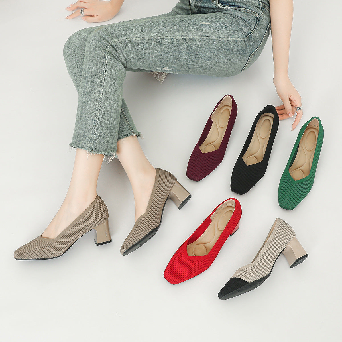 Japanese princess single shoes, women's square toe, thick heels, flying knitted shoes, comfortable and breathable, commuter high heels, breathable and versatile style