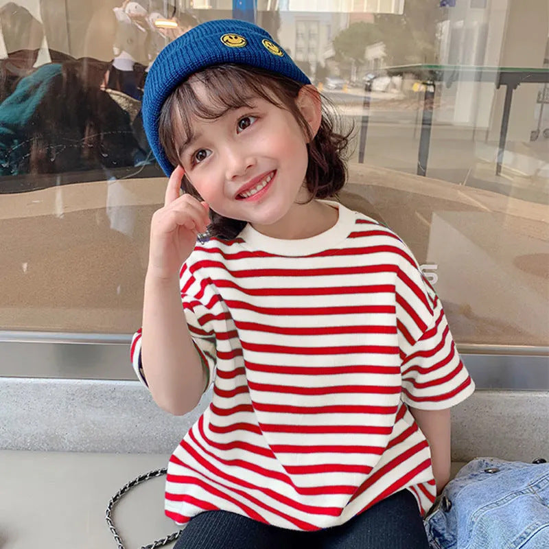 Factory direct sales children's cotton short sleeve T-shirt 2025 summer new girls boys striped half-sleeve one piece dropshipping