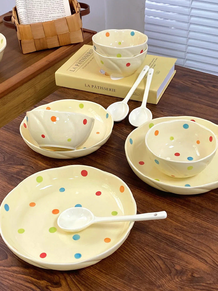 [Free shipping] color polka dot hand-painted underglaze color ceramic tableware set high value simple ceramic bowls and plates soup