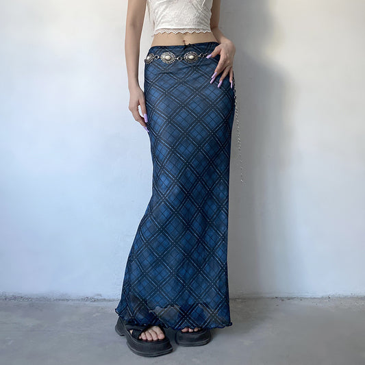 European and American retro style pattern contrast print mesh skirt cross-border low-waisted slim fungus side straight hip skirt