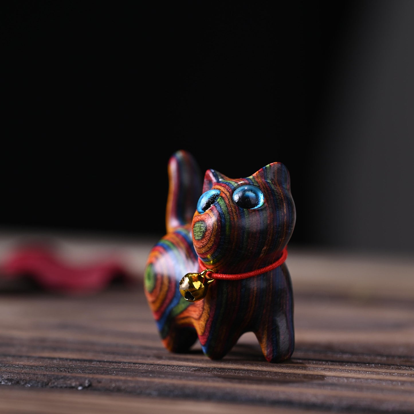 Rainbow wood carving cute cat handle piece rainbow tilted head kitten mini tabletop ornament crafts home ideas