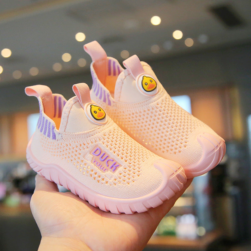 Summer children's casual sneakers, boys' non-slip wear-resistant flying woven shoes, girls' soft soles, breathable one-foot baby shoes