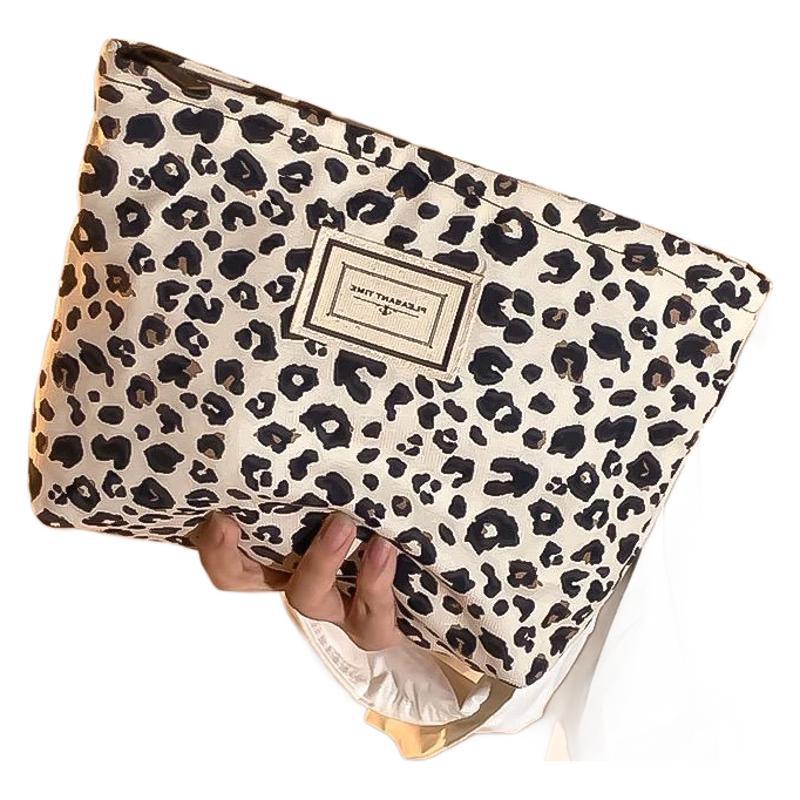 Leopard print canvas cosmetic bag, women's portable, large capacity travel carry-on skincare products, lipstick storage bag, toiletry bag