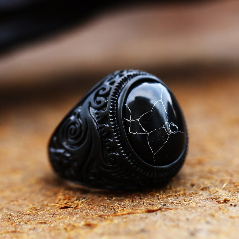 Baosheng new vintage tiger's eye turquoise black carved punk men's fashion hand ornament ethnic style alloy ring wholesale