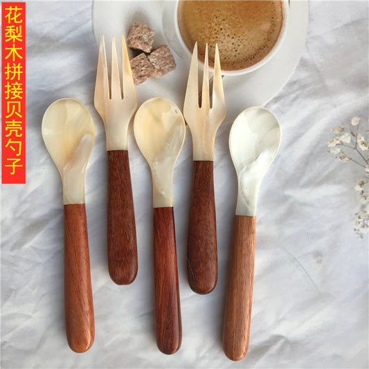 Sea shell spoon coffee ice cream cake home cute shell fork rosewood splicing caviar