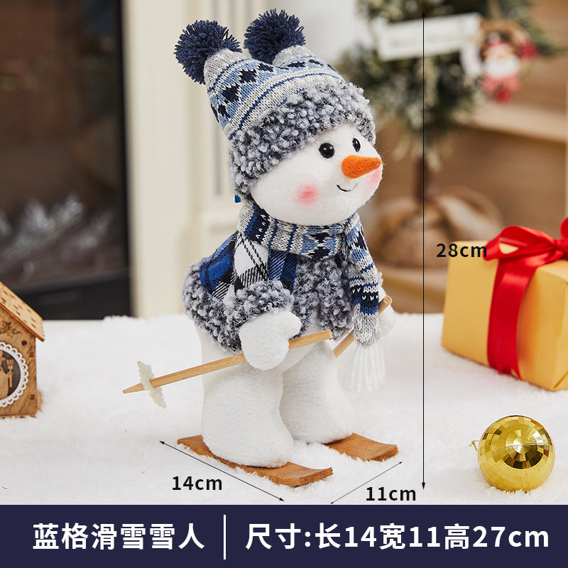 Cross-border Christmas decorations ski snowman doll tabletop doll blue plaid fabric Christmas iron foot snowman ornament