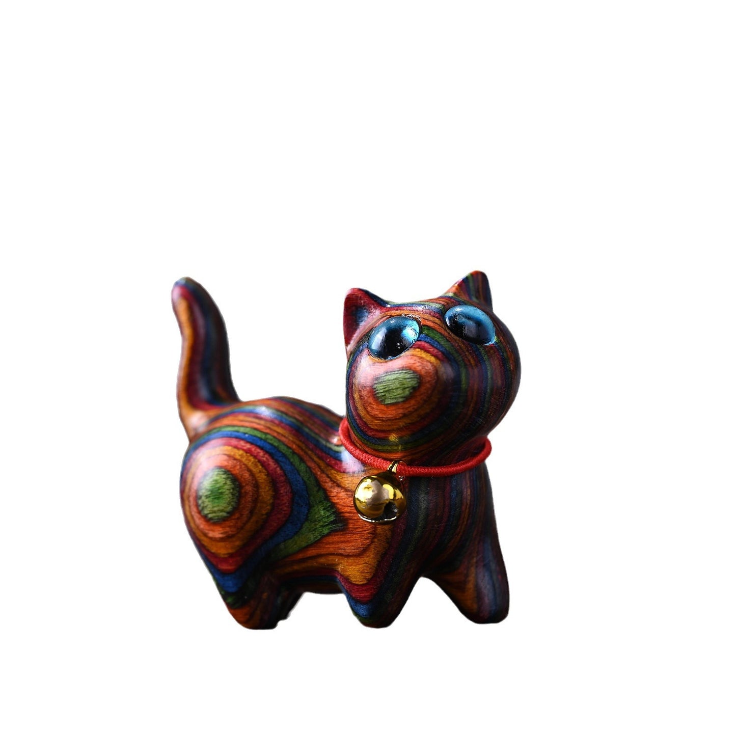Rainbow wood carving cute cat handle piece rainbow tilted head kitten mini tabletop ornament crafts home ideas
