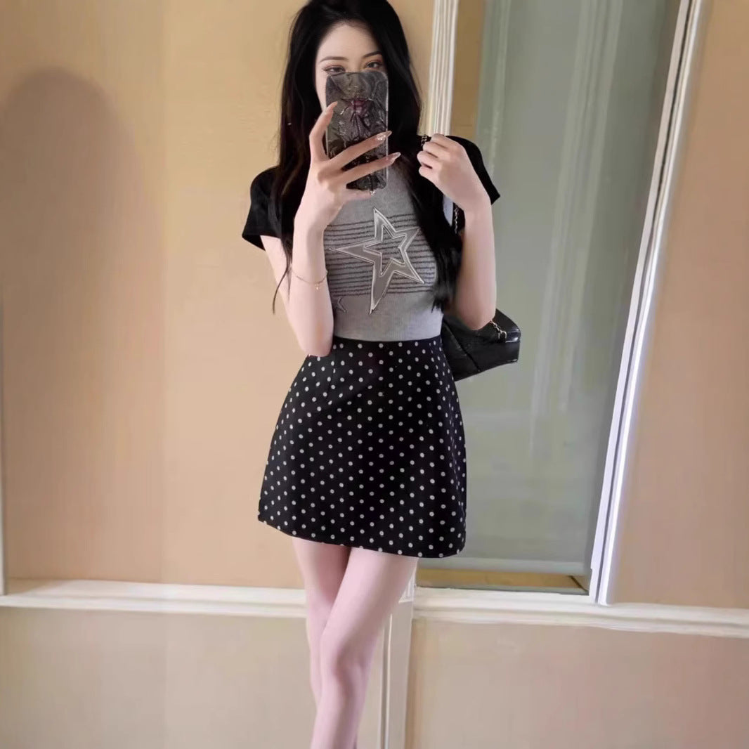 Jane Manni polka dot skirt, summer casual and versatile, hip skirt, female hottie, high waisted A-line skirt, suit short skirt