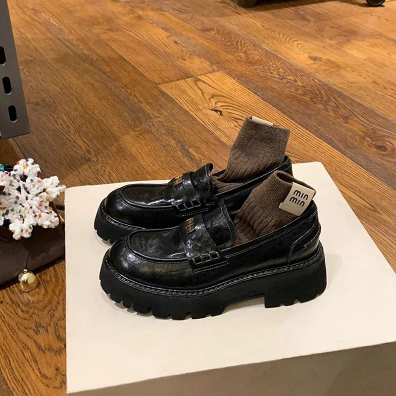 Washed cowhide ~ 5.5cm heightened thick sole small gold coin loafers female British small brown small leather shoes single shoes