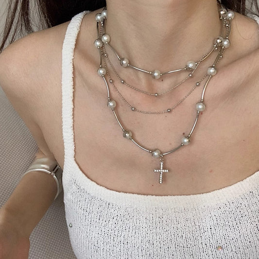 Sweet and cool temperament multi-layer pearl cross necklace women's niche sense of luxury, light luxury clavicle chain, fashion retro necklace