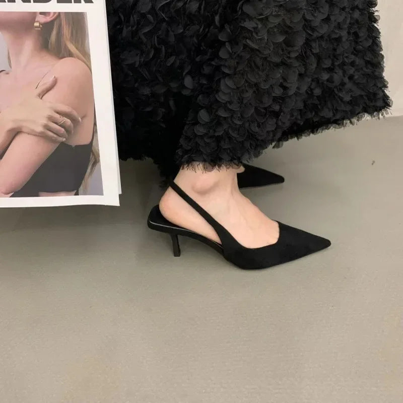2024 Shallow Women's New Stiletto Sandals Solid Color Pointed Toe Back Empty Tie Toe Toe Solid Color Fashion High Heels