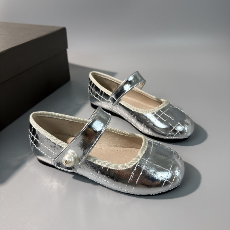 ins style girl fashion princess shoes rhombus Korean version sweet little fragrance single shoes Velcro baby pumps leather shoes