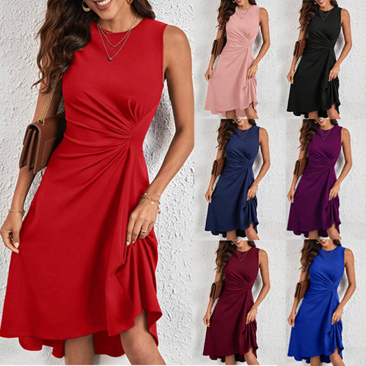 2025 Summer European and American Amazon Cross-border Women's Summer New Fashion Sleeveless Solid Color A-line Crushed Medium Dress