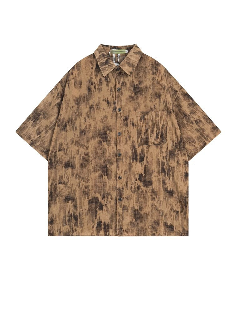 Hong Kong style retro baroque short-sleeved floral shirt summer American style unique oil painting style loose Cuban collar shirt hip girl