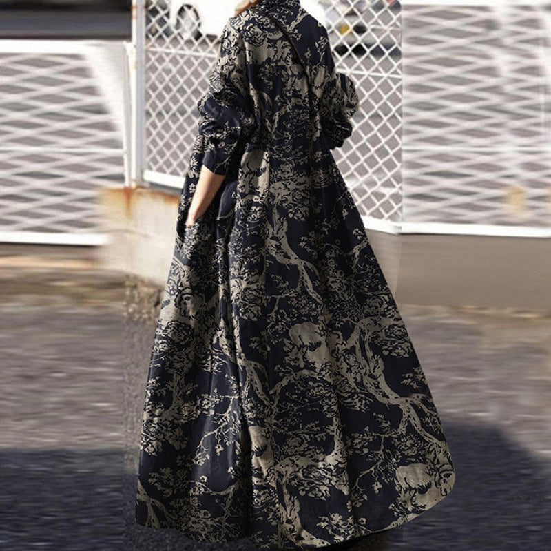 Large size women's Amazon autumn print cotton linen dress vintage ethnic style dress loose long sleeve swing skirt