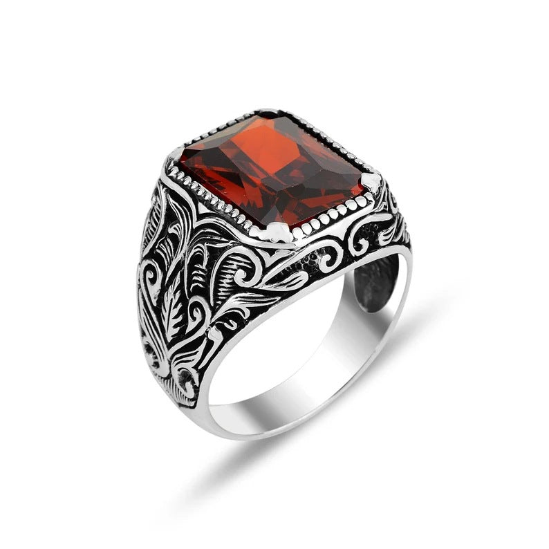 He is a silver new ring personality fashion European and American creative set square red zircon men's dating ring