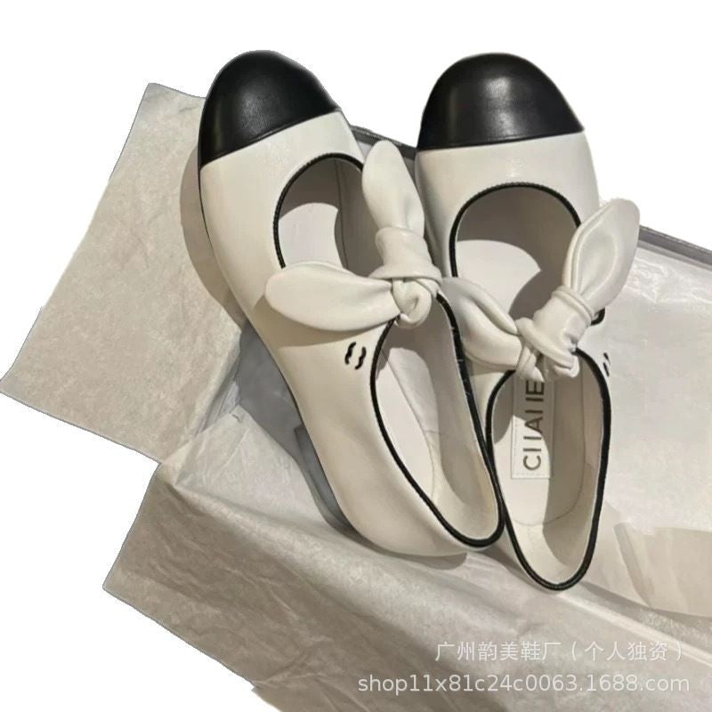 Little Fragrance Bow Mary Jane Single Shoes Leather Pumps Female Rabbit Ears Black and White Color-Blocked Ballet Shoes