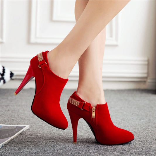 31-50 Coffee Rain Plus Size Women's Suede Heels Rhinestone Side Zippers Pointed Toe Warm & Nude Shoes W333